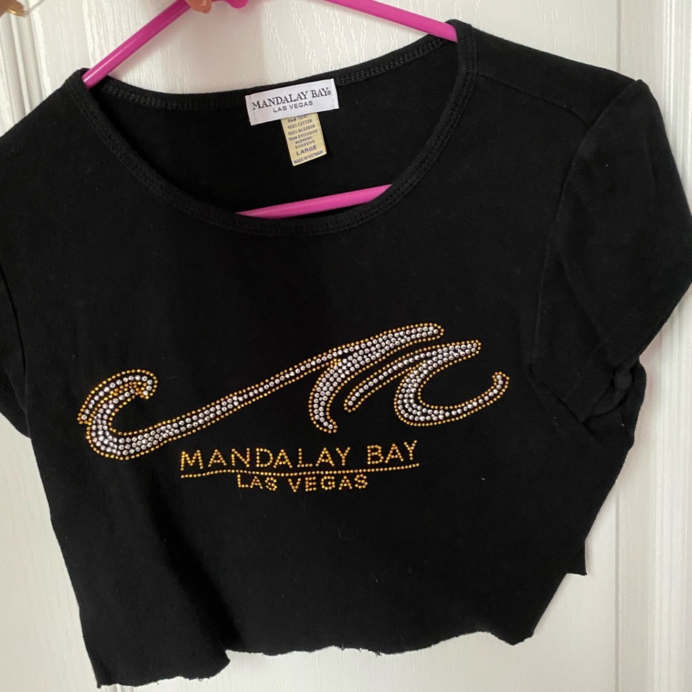 the cutest bedazzled mandalay bay cropped baby tee. super soft and cozy material